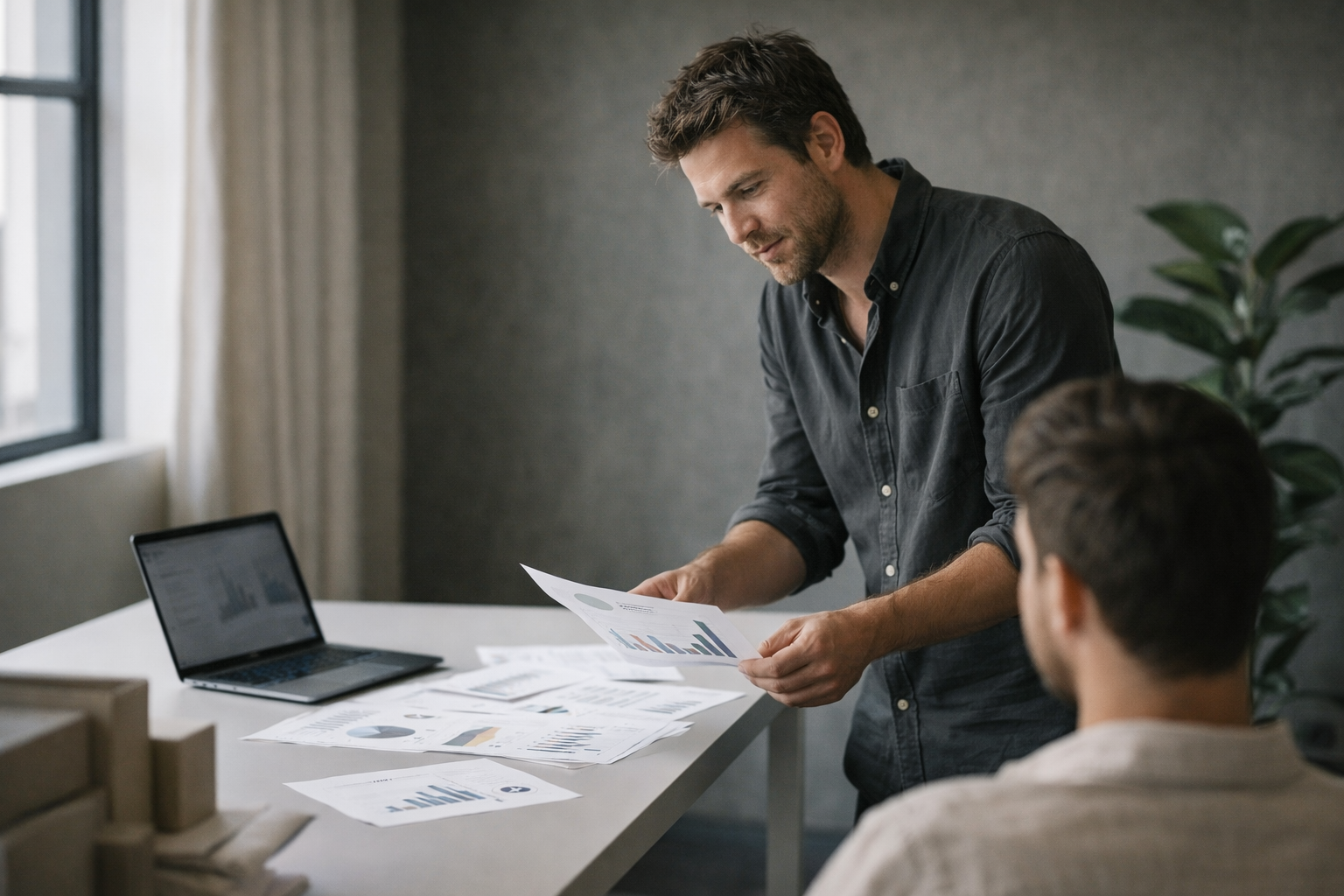 Agency owner working through client priorities in an office