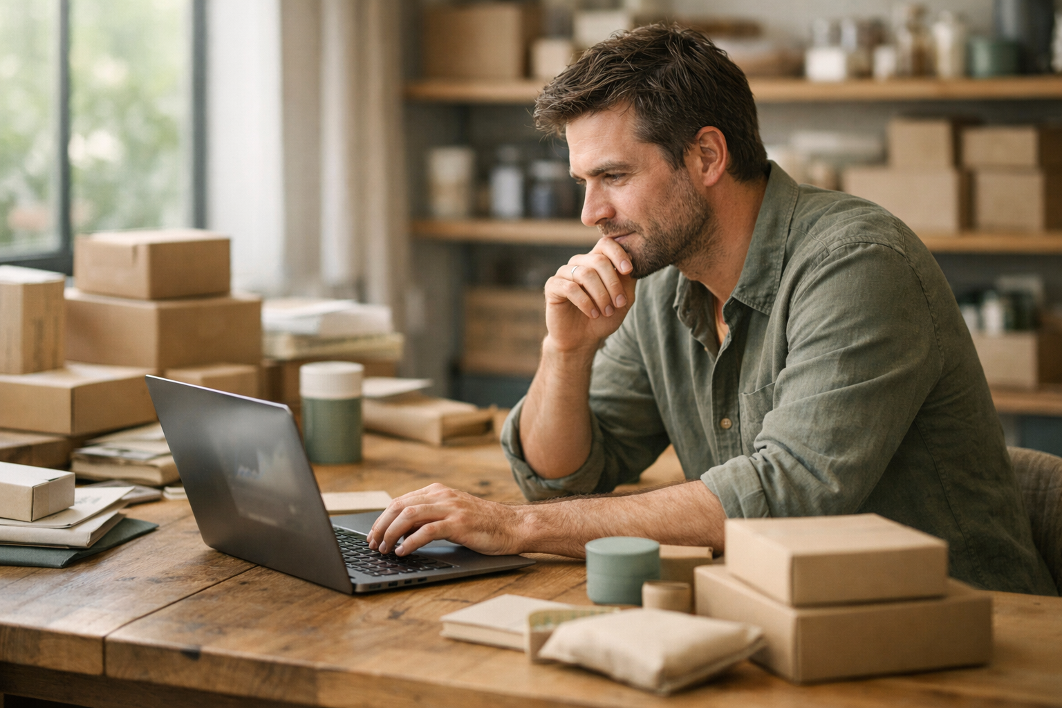 E-commerce founder reviewing store performance in a studio workspace
